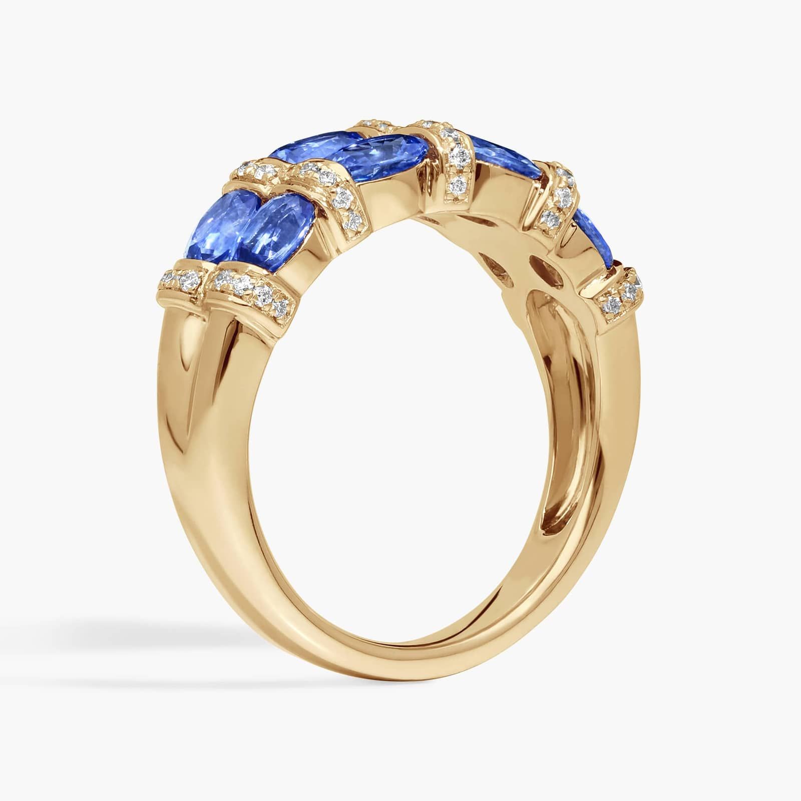 East-West Double Row Oval Cut Blue Sapphire and Pavé Diamond Ring In 14K Yellow Gold (7.55mm)
