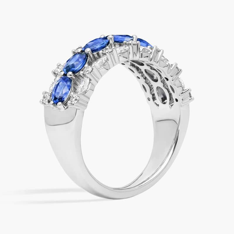 East-West Oval Cut Blue Sapphire and Diamond Ring In 14K White Gold (7.25mm)