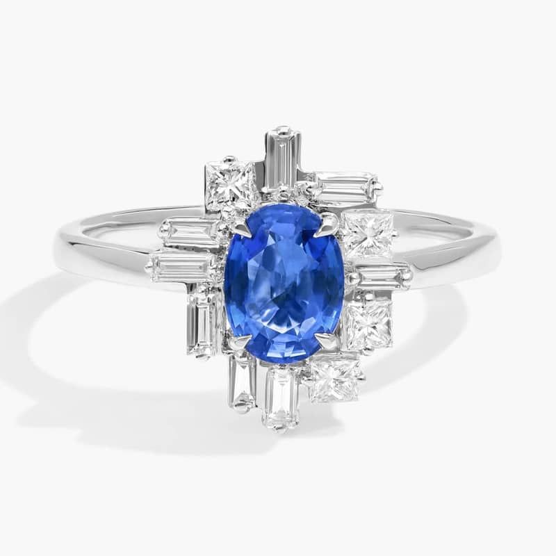 Baguette Cut Blue Sapphire And Diamond Cluster Ring In 14K White Gold