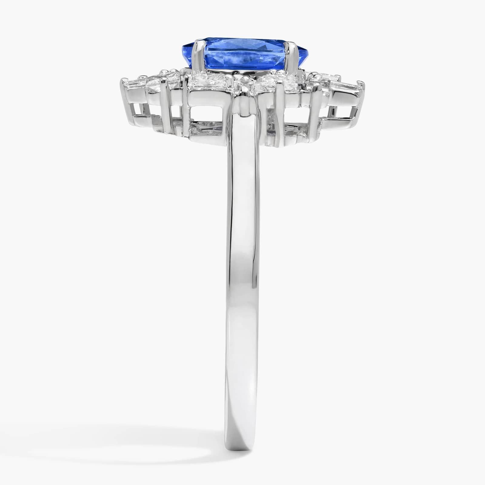 Baguette Cut Blue Sapphire And Diamond Cluster Ring In 14K White Gold
