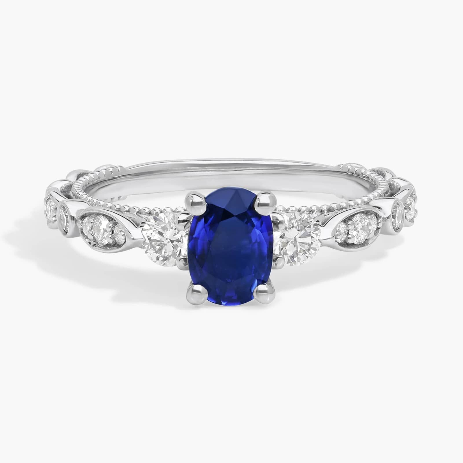 Floral Ellipse Diamond Cathedral Engagement Ring with Oval Sapphire in 14k White Gold (7x5mm)