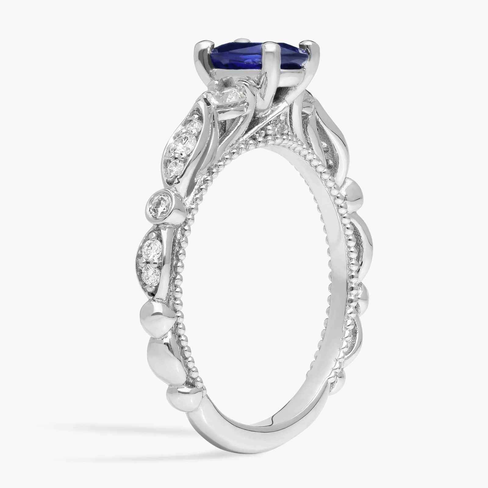 Floral Ellipse Diamond Cathedral Engagement Ring with Oval Sapphire in 14k White Gold (7x5mm)