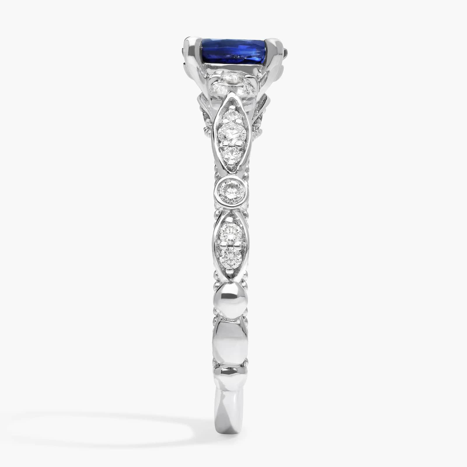 Floral Ellipse Diamond Cathedral Engagement Ring with Oval Sapphire in 14k White Gold (7x5mm)