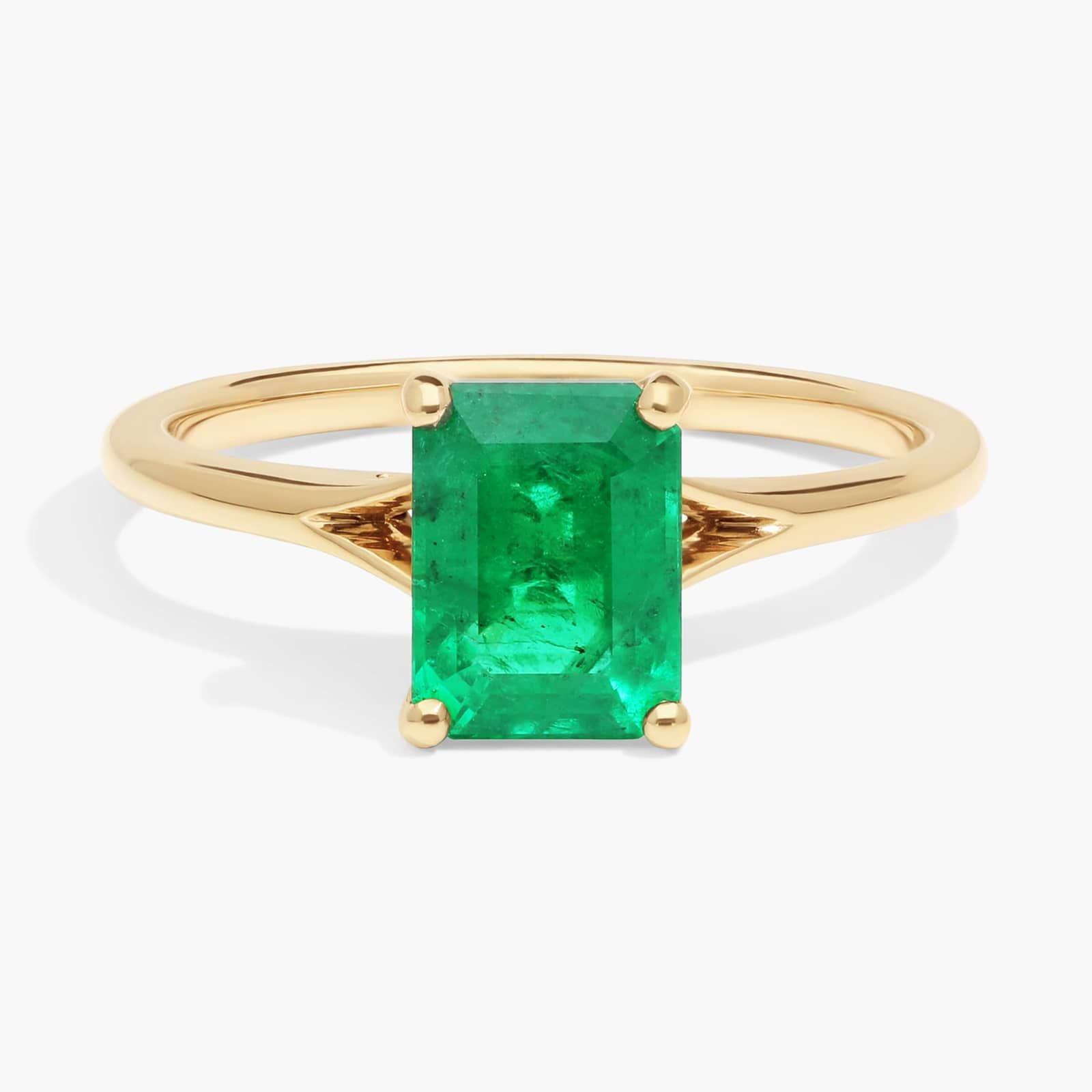 Petite Split Shank Solitaire Engagement Ring with Emerald-Cut Emerald in 14k Yellow Gold (8x6mm)