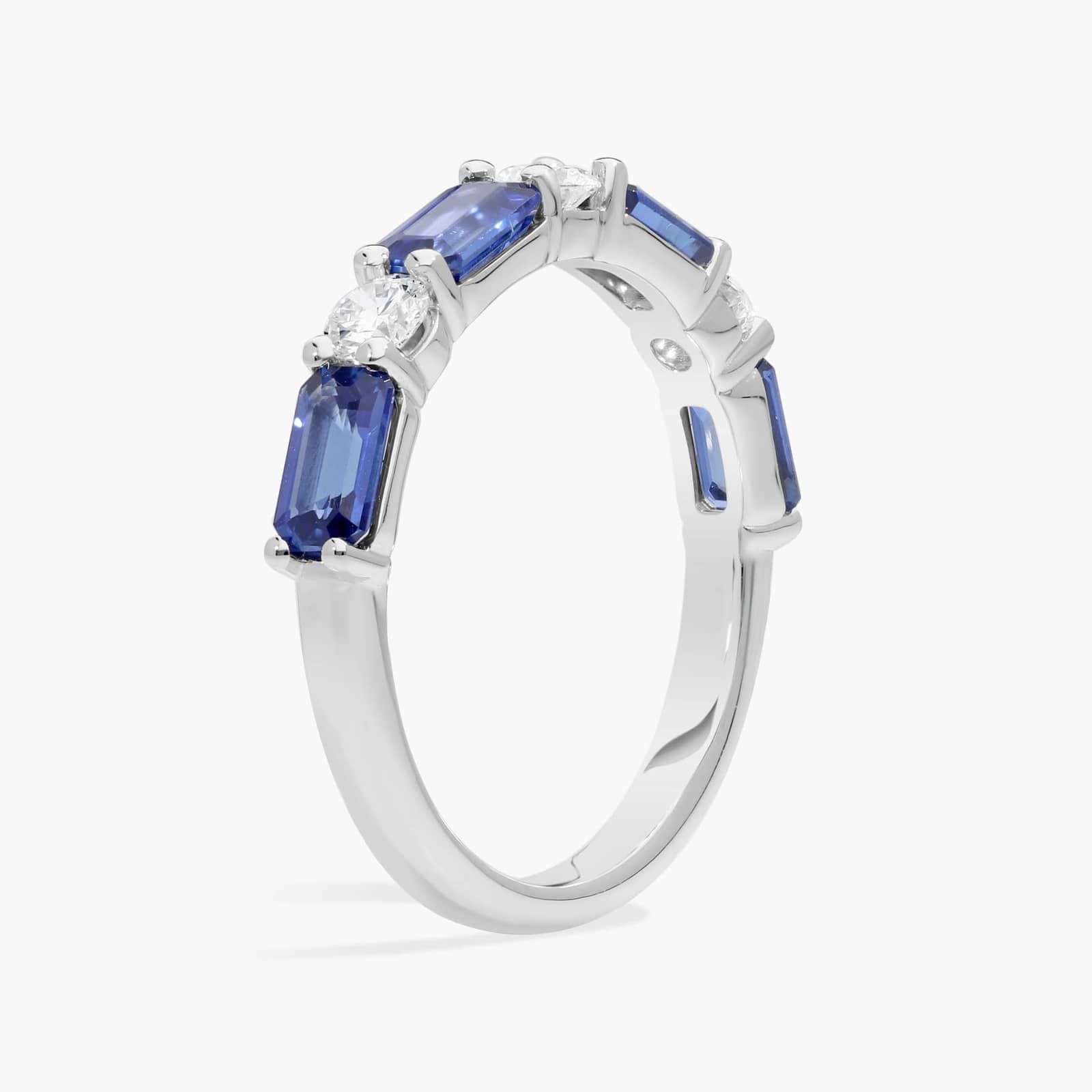 Emerald Cut Blue Sapphire and Diamond Ring in 14K White Gold