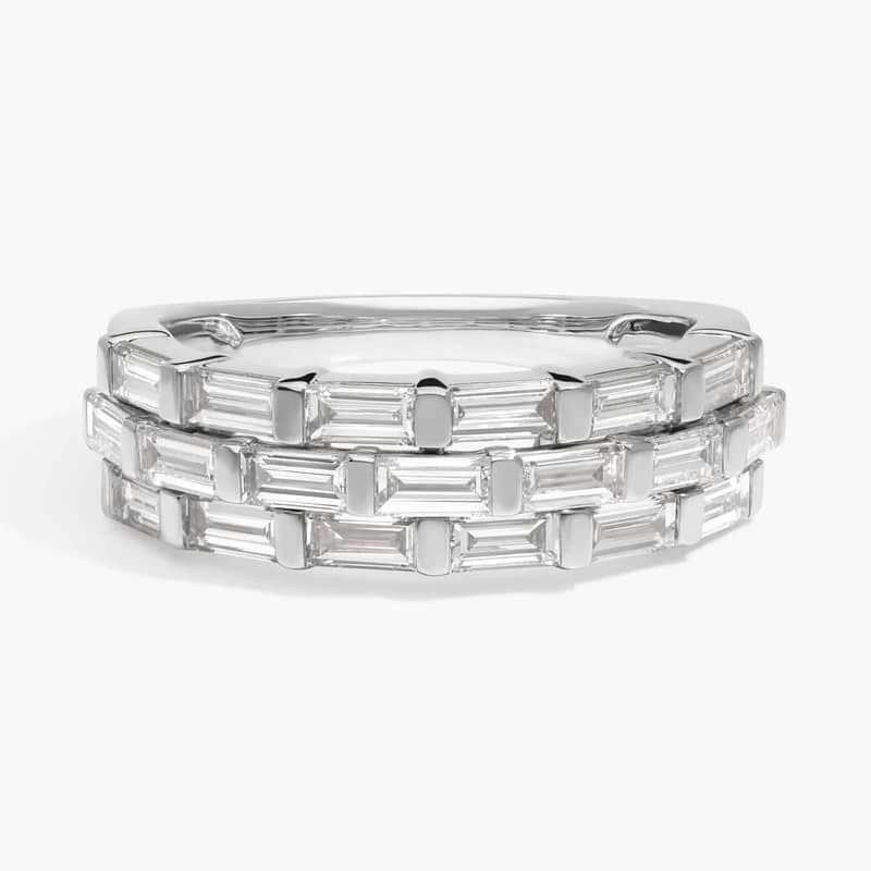3 Row Baguette Cut Lab-Grown Diamond Ring 14K White Gold