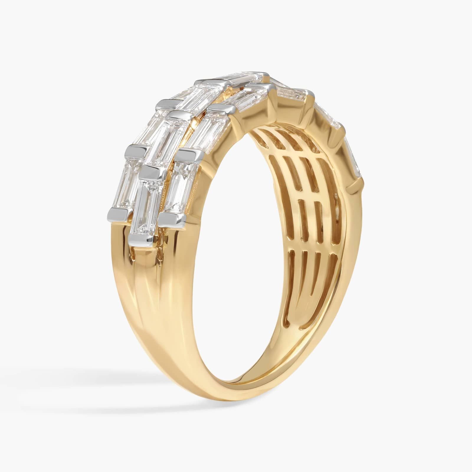 3 Row Baguette Cut Lab-Grown Diamond Ring 14K Yellow Gold