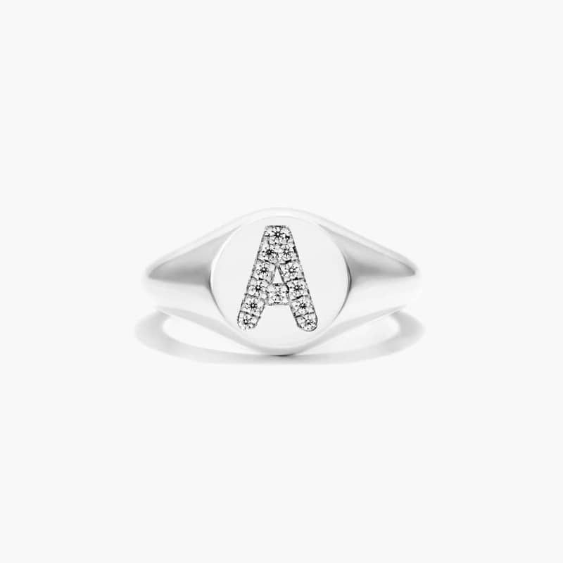 Diamond A Initial Signet Ring In 14K White Gold