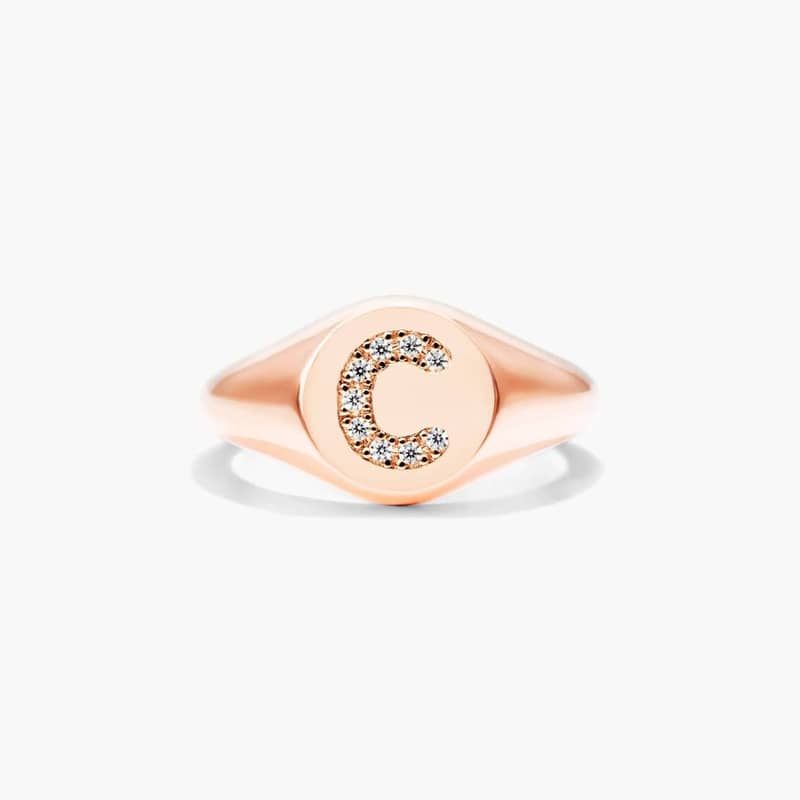 Diamond C Initial Signet Ring In 14K Rose Gold
