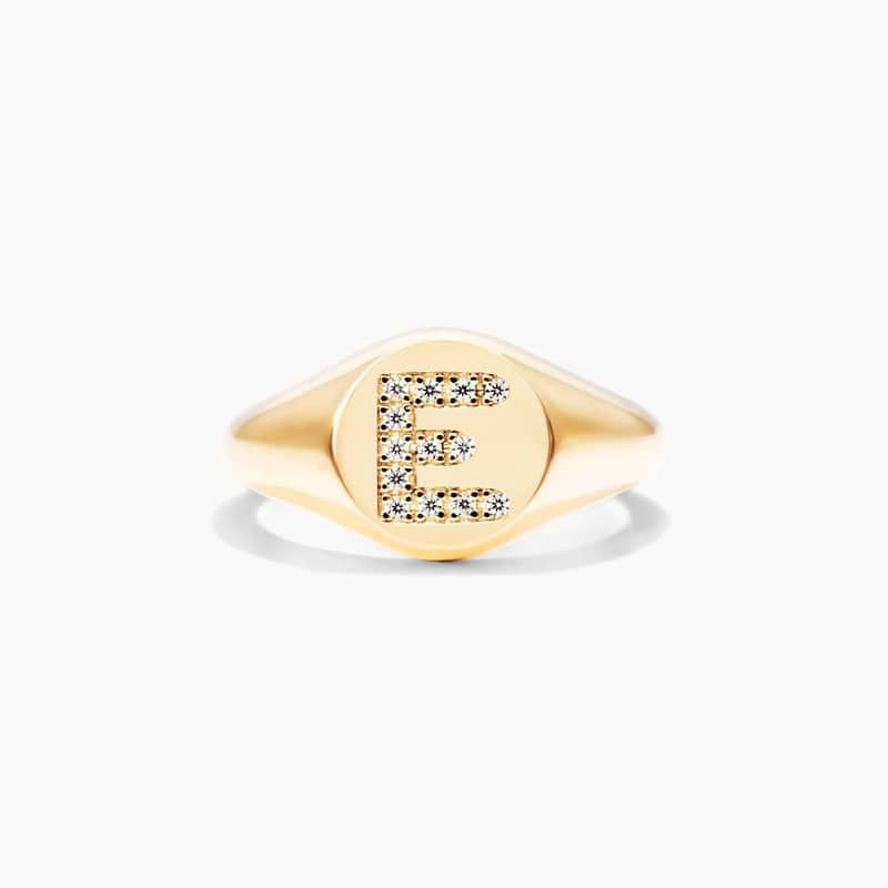 Diamond E Initial Signet Ring In 14K Yellow Gold
