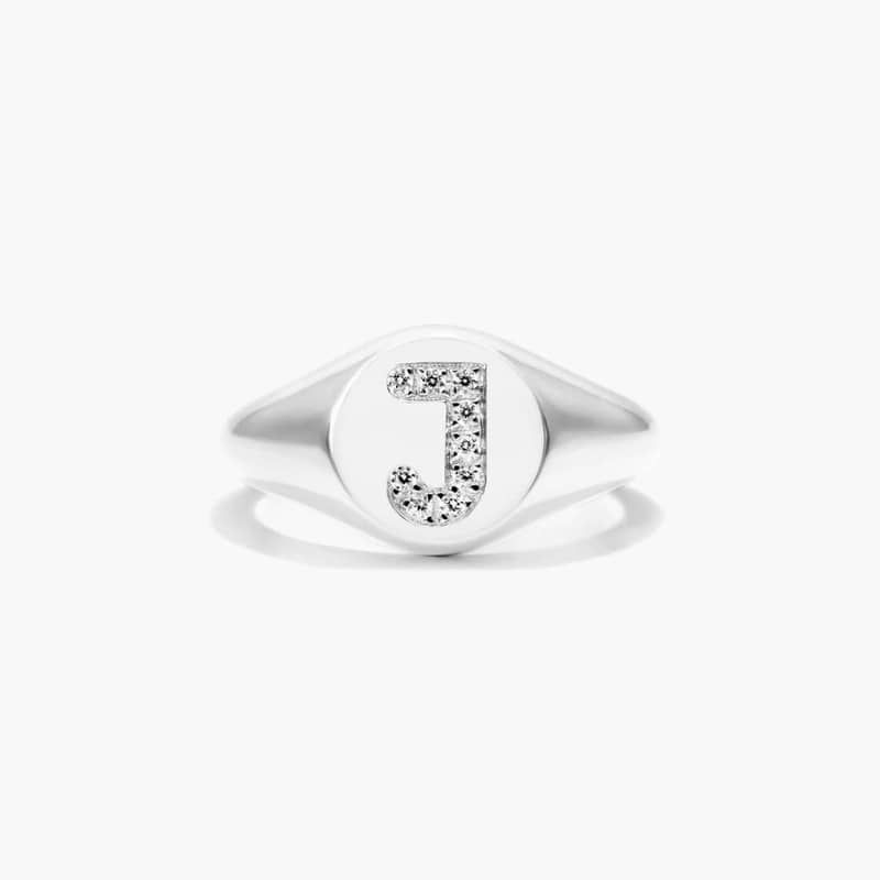 Diamond J Initial Signet Ring In 14K White Gold