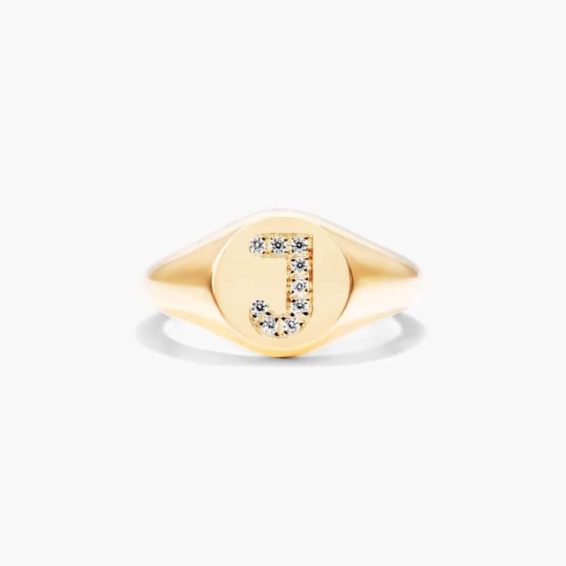 Diamond J Initial Signet Ring In 14K Yellow Gold