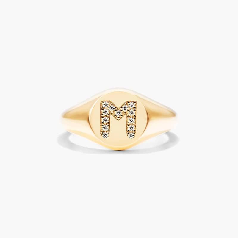 Diamond M Initial Signet Ring In 14K Yellow Gold