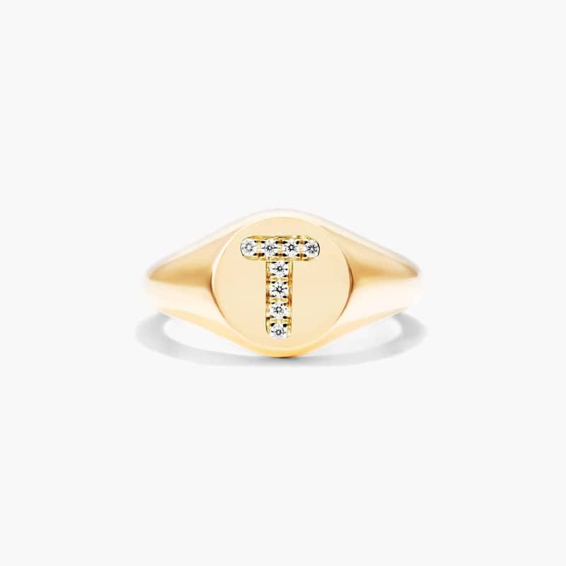 Diamond T Initial Signet Ring In 14K Yellow Gold