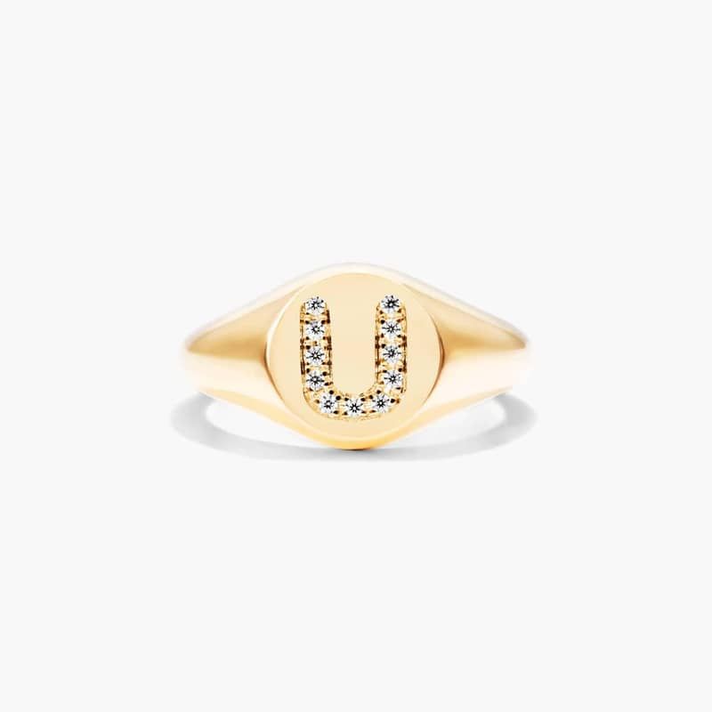 Diamond U Initial Signet Ring In 14K Yellow Gold