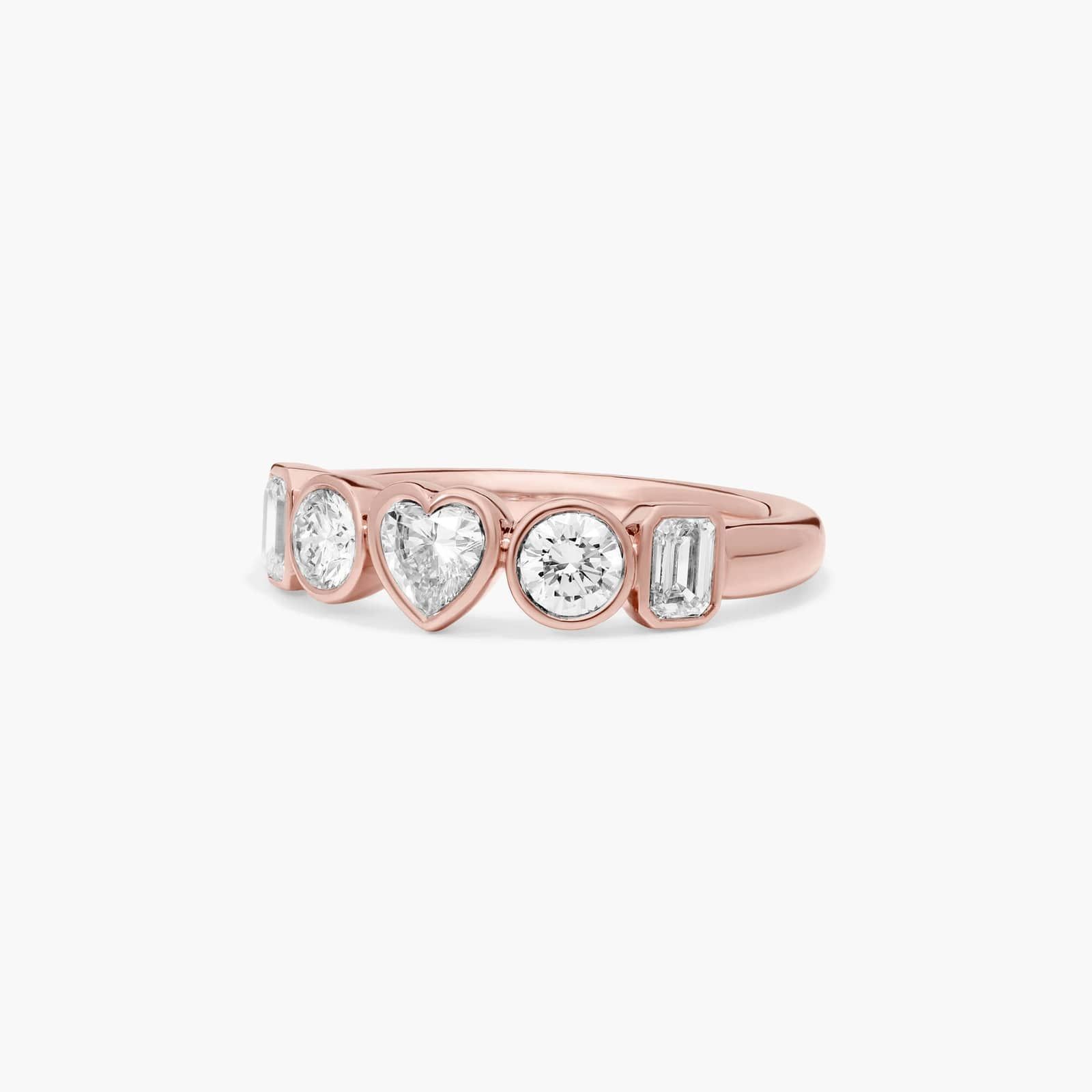 Fancy Bezel Emerald, Round And Heart Shaped Lab-Grown Diamond Ring In 14K Rose Gold