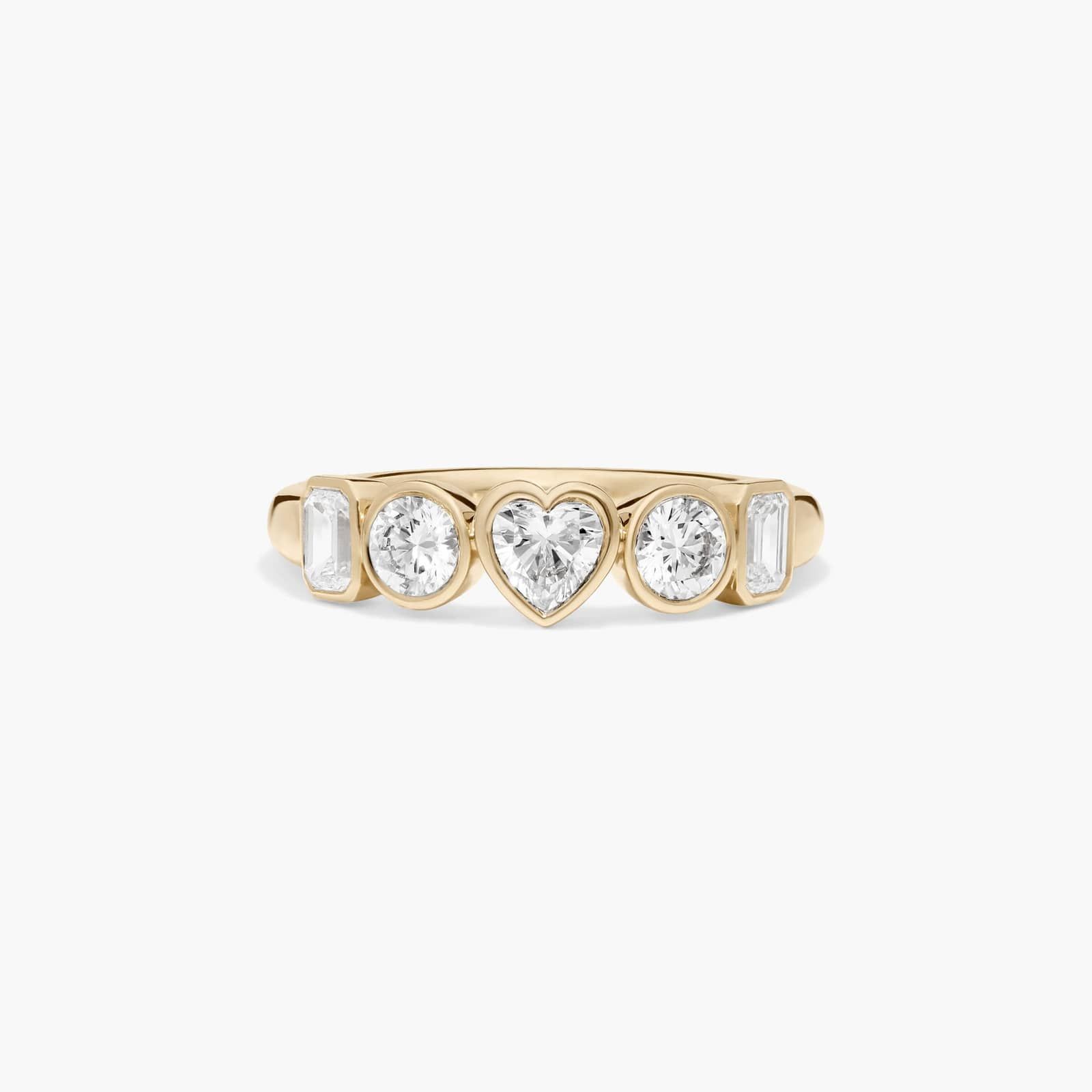 Fancy Bezel Emerald, Round And Heart Shaped Lab-Grown Diamond Ring In 14K Yellow Gold