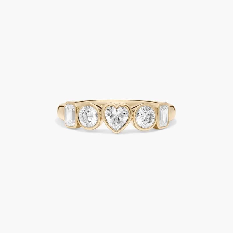 Fancy Bezel Emerald, Round And Heart Shaped Lab-Grown Diamond Ring In 14K Yellow Gold