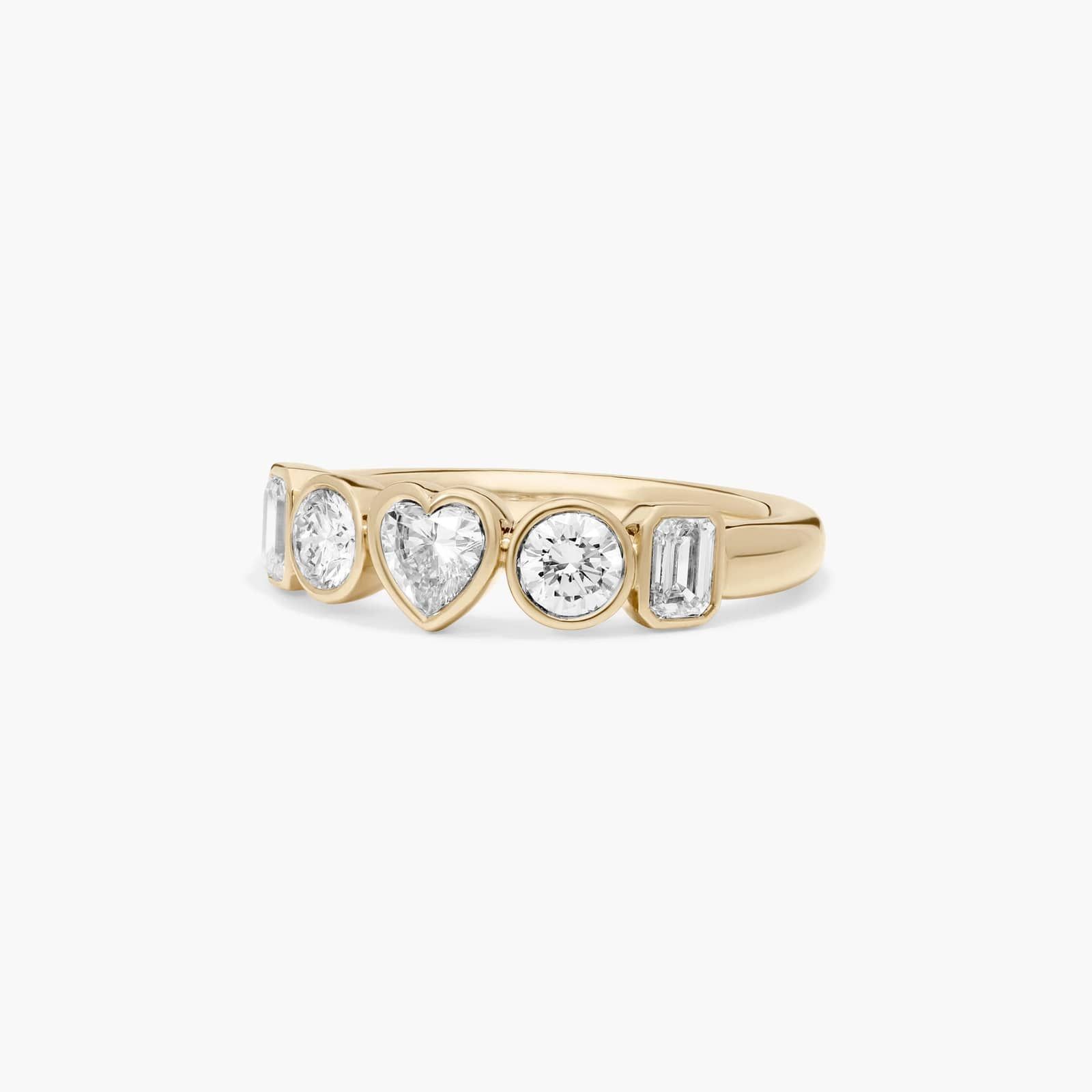 Fancy Bezel Emerald, Round And Heart Shaped Lab-Grown Diamond Ring In 14K Yellow Gold