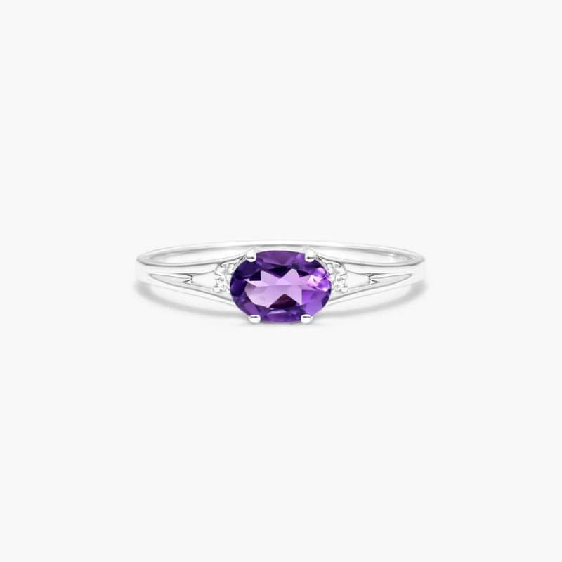 Oval Amethyst And Diamond Accent Birthstone Ring In 14K White Gold