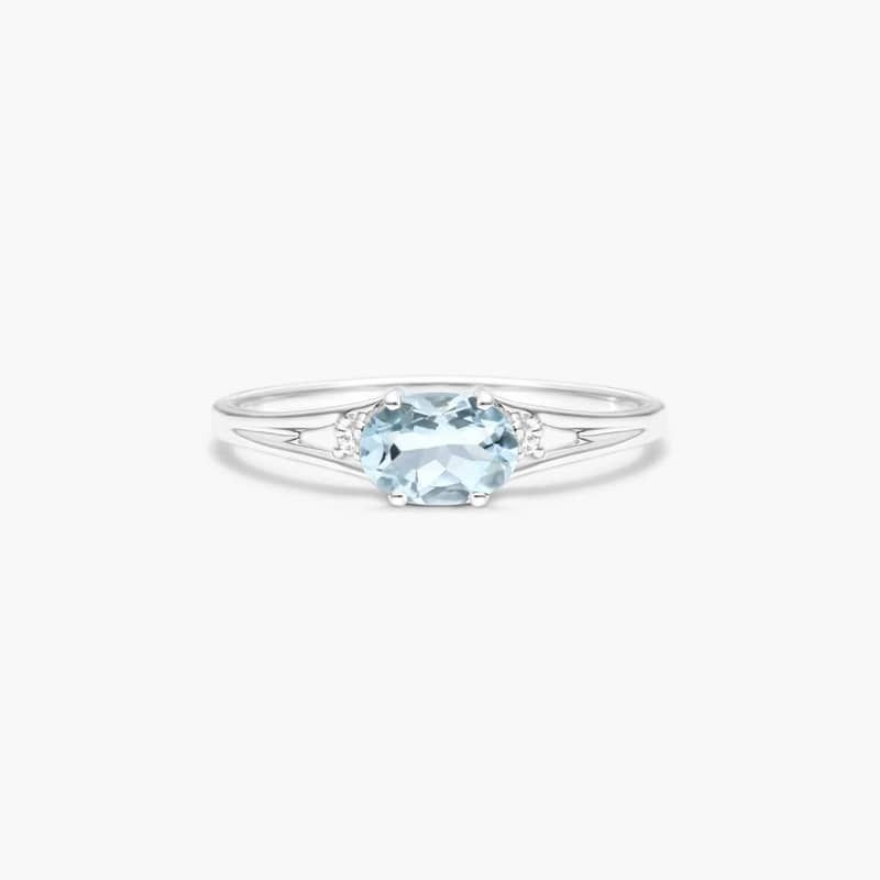 Oval Aquamarine And Diamond Accent Birthstone Ring In 14K White Gold