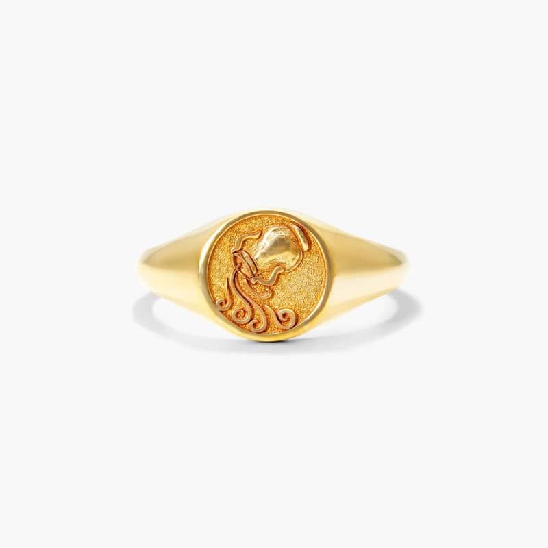 Aquarius Zodiac Signet Ring In 14K Yellow Gold