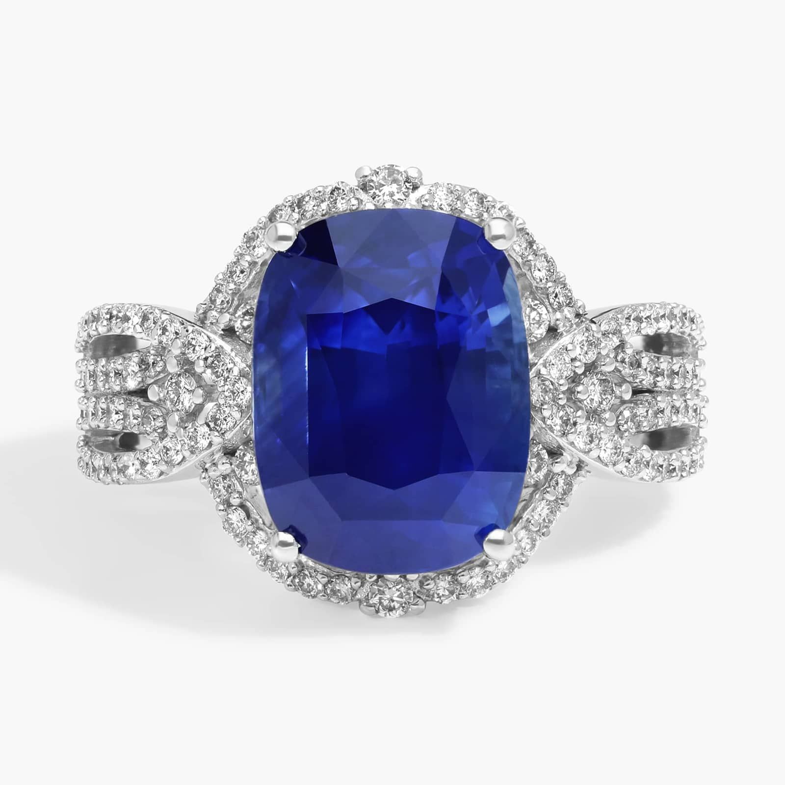 Cushion Cut Blue Sapphire Cocktail Ring With Diamonds In 14K White Gold
