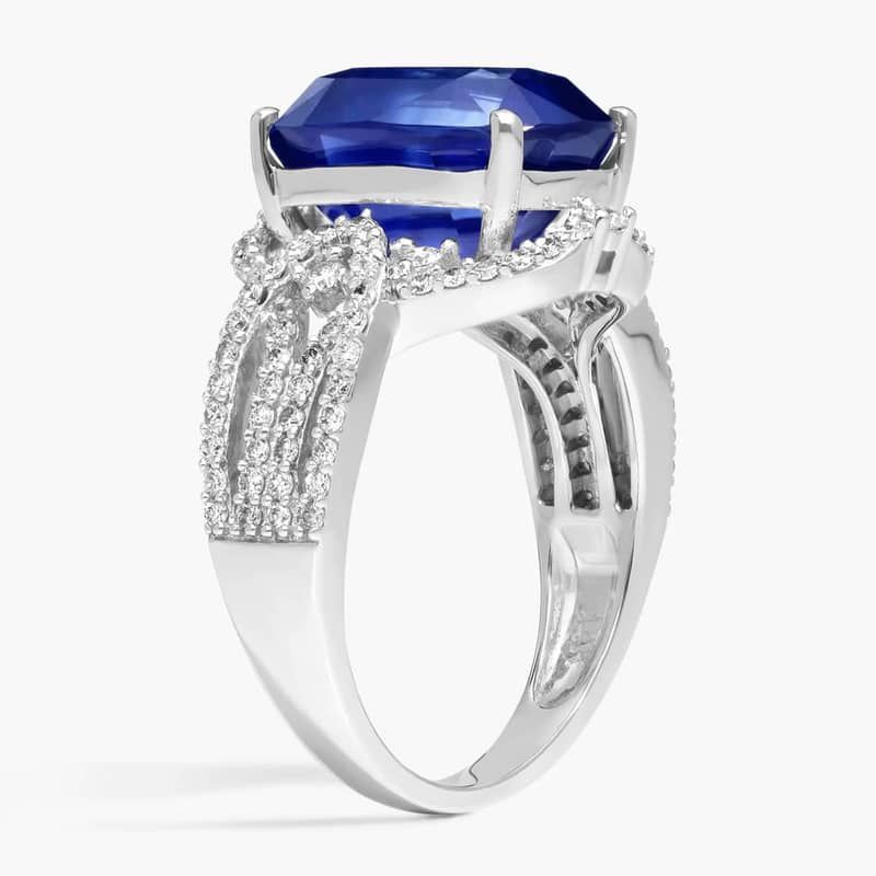 Cushion Cut Blue Sapphire Cocktail Ring With Diamonds In 14K White Gold