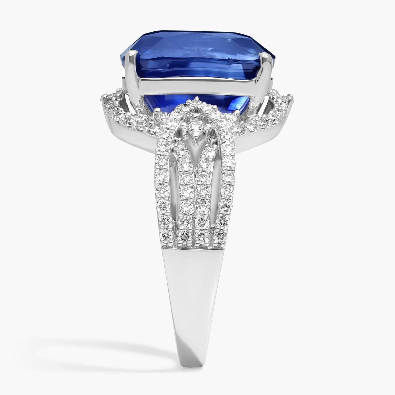Cushion Cut Blue Sapphire Cocktail Ring With Diamonds In 14K White Gold
