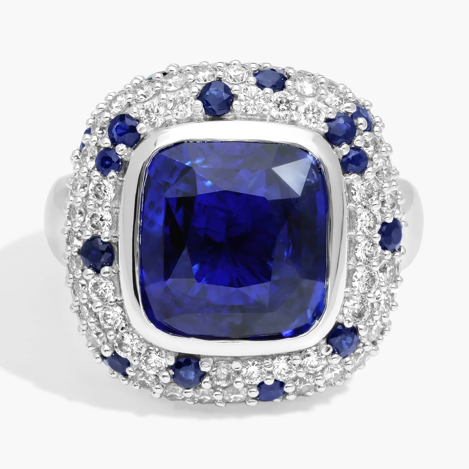 Cushion Cut Blue Sapphire Cocktail Ring With Diamonds In 14K White Gold