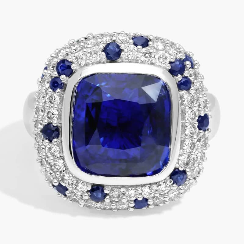 Cushion Cut Blue Sapphire Cocktail Ring With Diamonds In 14K White Gold