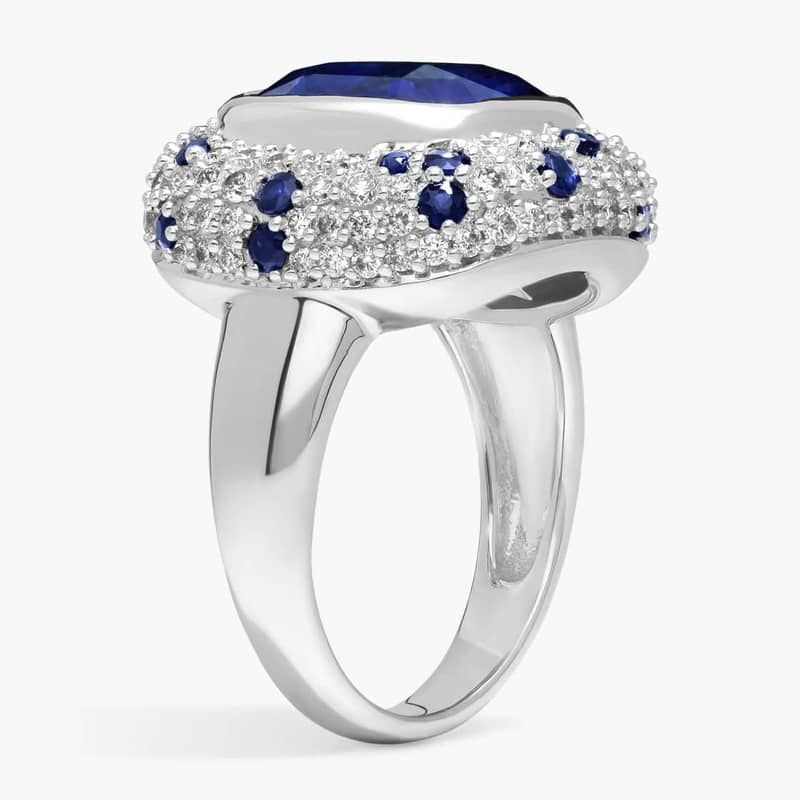 Cushion Cut Blue Sapphire Cocktail Ring With Diamonds In 14K White Gold