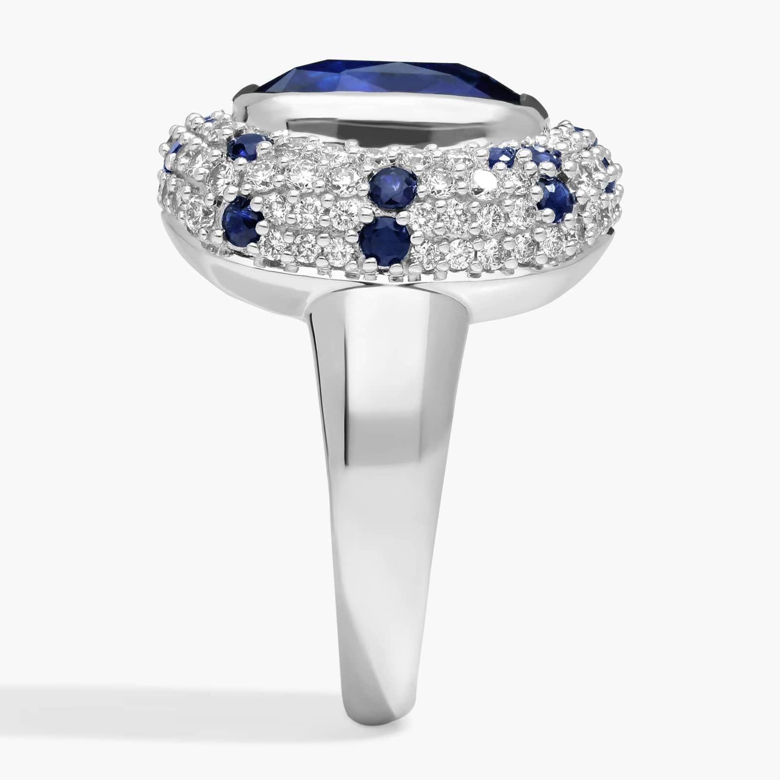 Cushion Cut Blue Sapphire Cocktail Ring With Diamonds In 14K White Gold