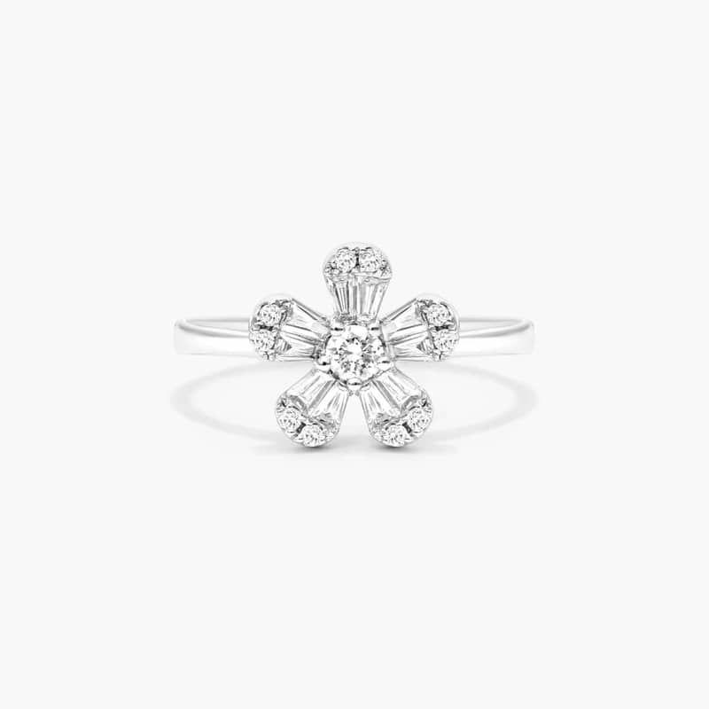 Baguette And Round Diamond Flower Ring In 14K White Gold