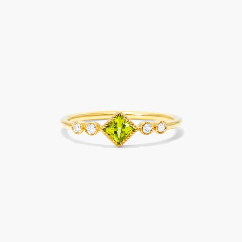 Dainty Peridot Bezel Diamond Ring In 14K Yellow Gold by Brevani
