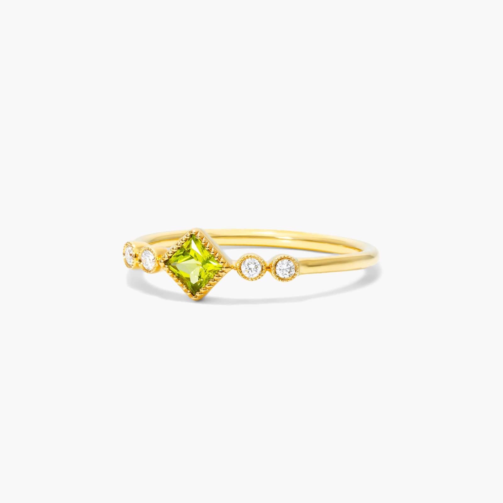 Dainty Peridot Bezel Diamond Ring In 14K Yellow Gold by Brevani