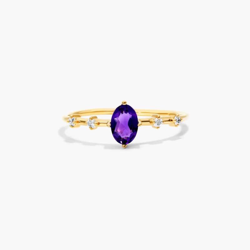 Oval Amethyst And Diamond Birthstone Ring In 14K Yellow Gold