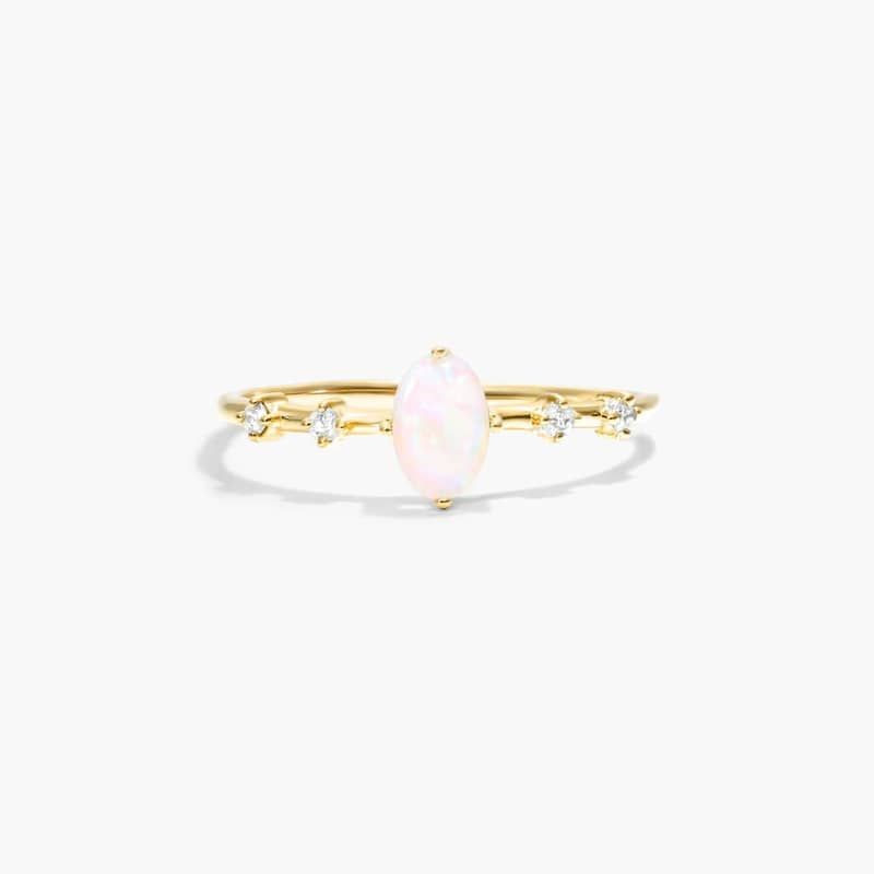 Oval Opal And Diamond Birthstone Ring In 14K Yellow Gold