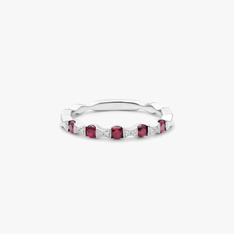 Vintage Bow Tie Shaped Stations Alternating Ruby And Diamond Ring In 14K White Gold By James Allen