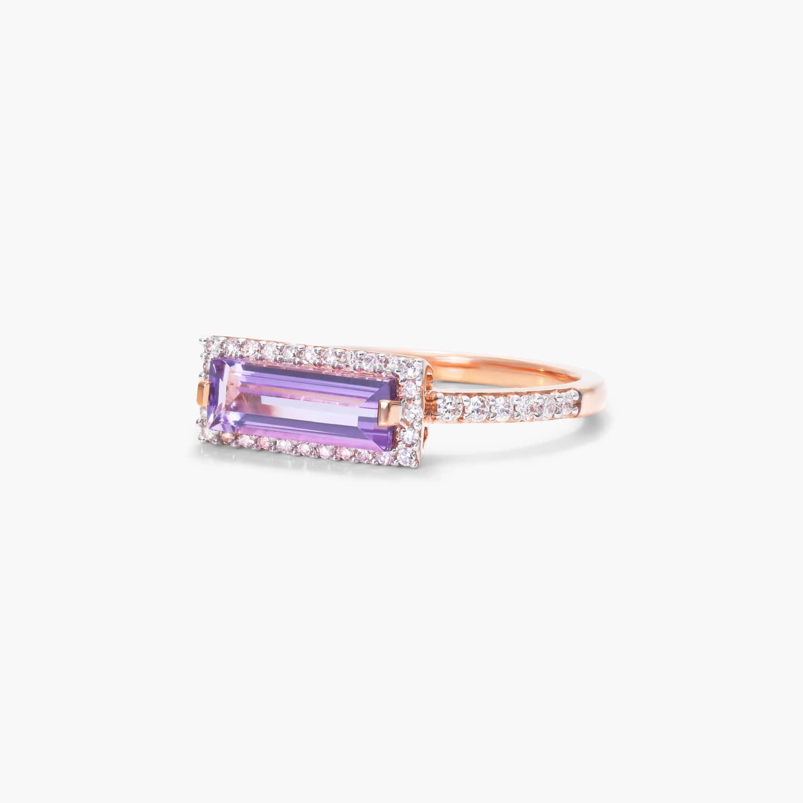 East-West Emerald Cut Amethyst And Diamond Halo Bar Ring In 14K Rose Gold By James Allen