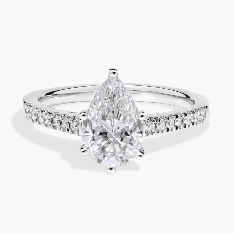 1 1/2 CT. GIA Certified Pear Lab Created Diamond Size 7 Petite Cathedral Pavé Diamond Engagement Ring in Platinum (1/6 ct. tw.)