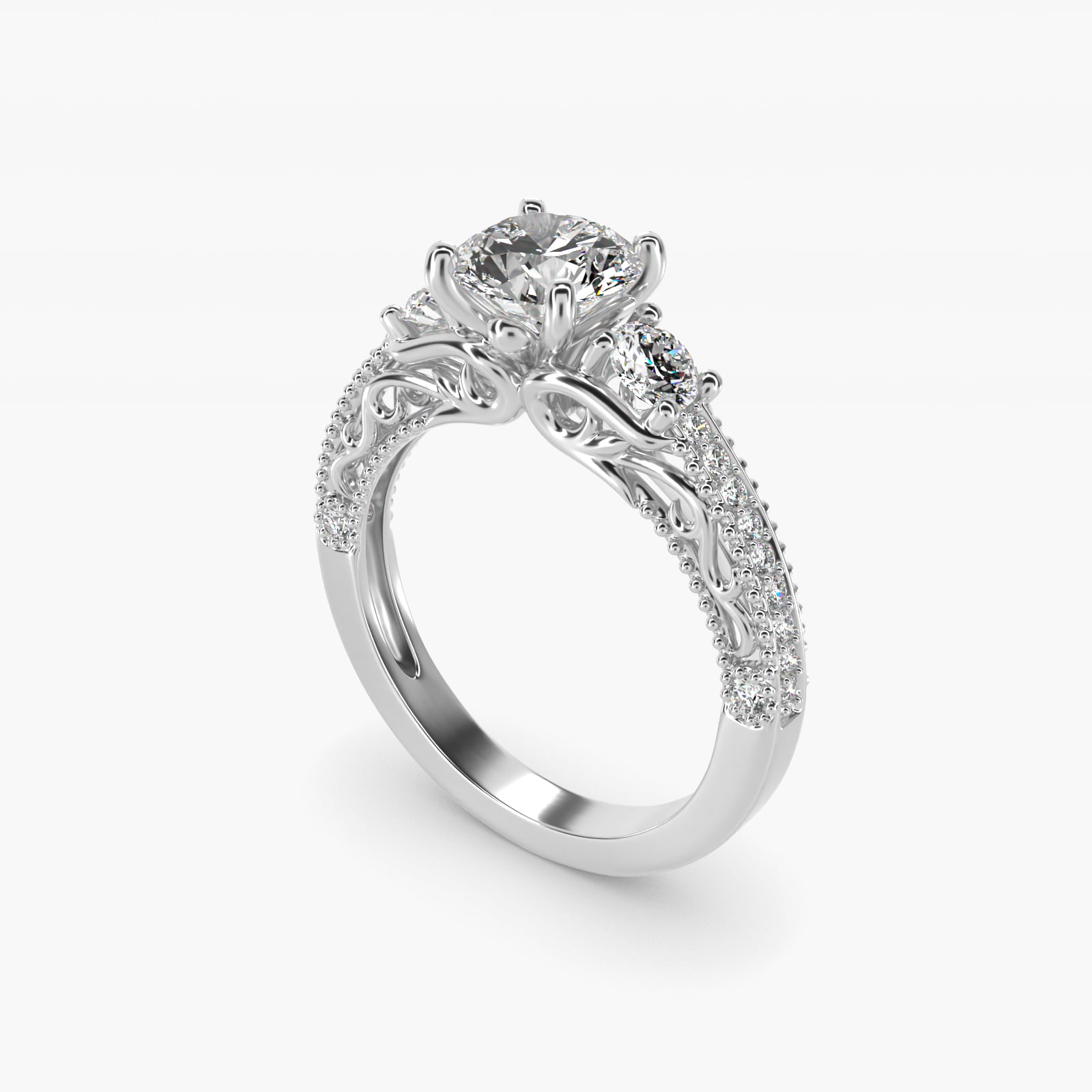 Floral Scroll Vintage-Style Engagement Ring In 14K White Gold