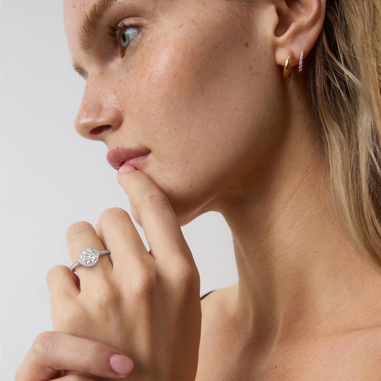 Pavé Diamond Halo Cathedral Engagement Ring In 14K White Gold