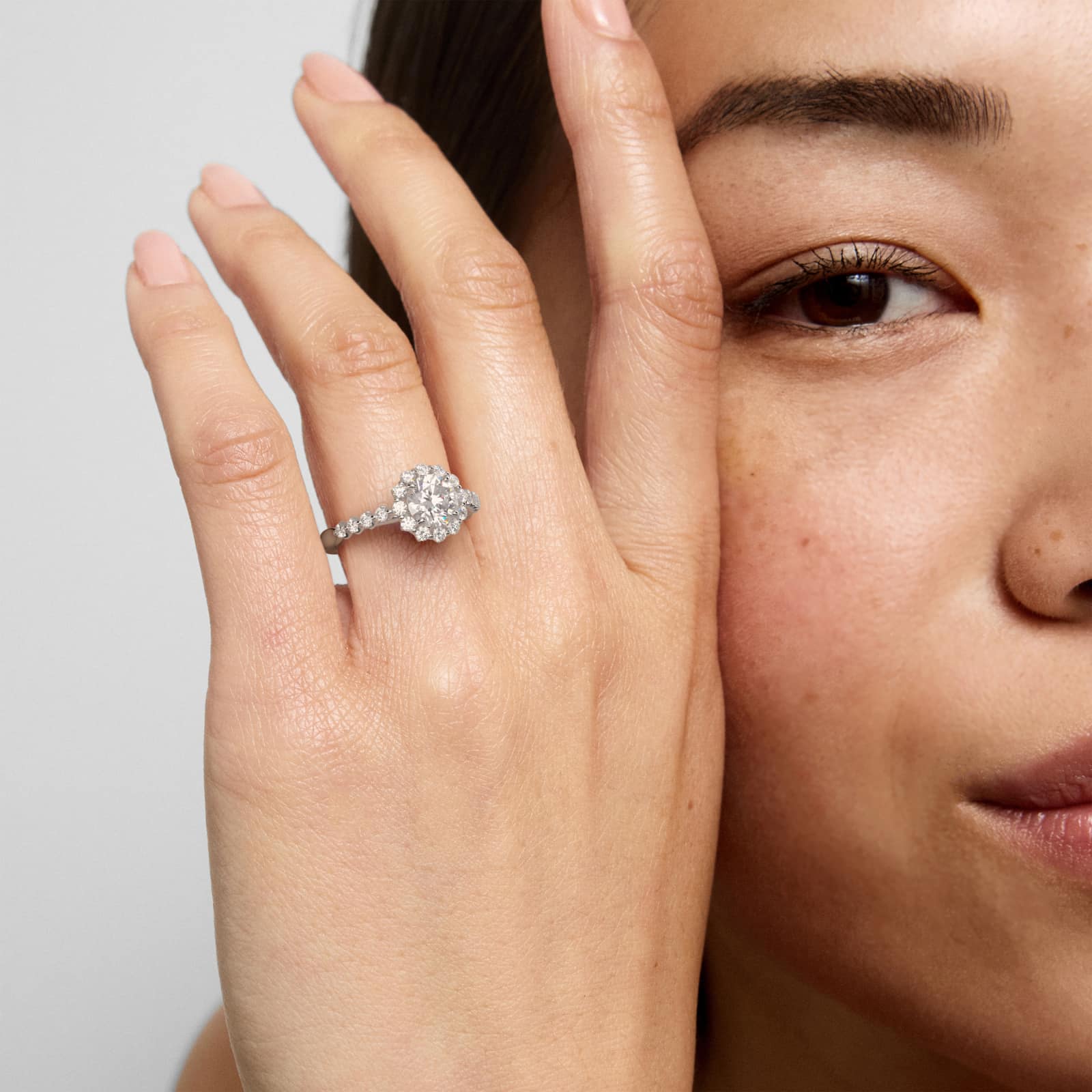 Scalloped Diamond Halo Cathedral Engagement Ring In 14K White Gold