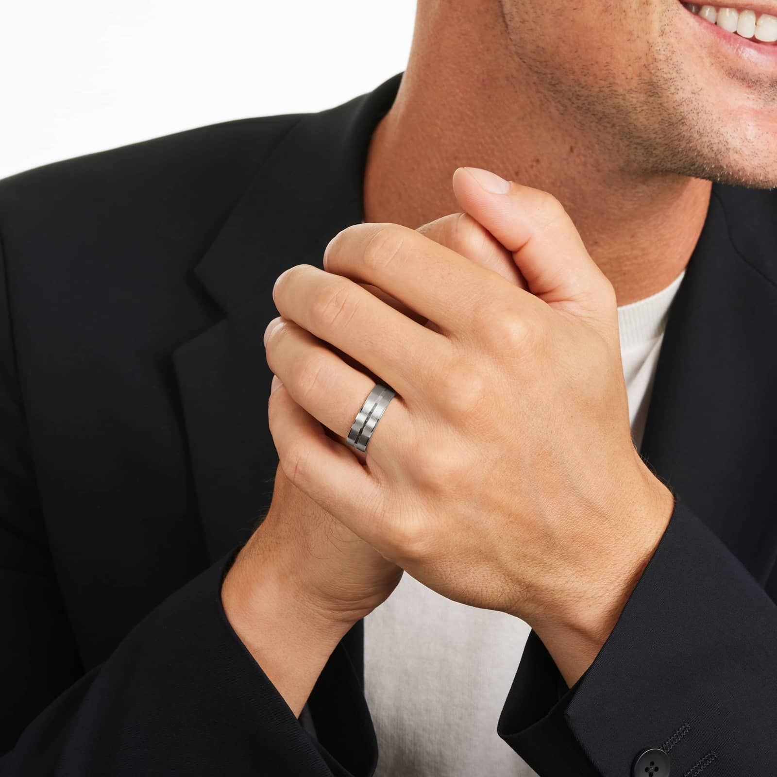 Faceted Center Groove Satin Finish Men's Wedding Band In 14K White Gold (7.00mm)