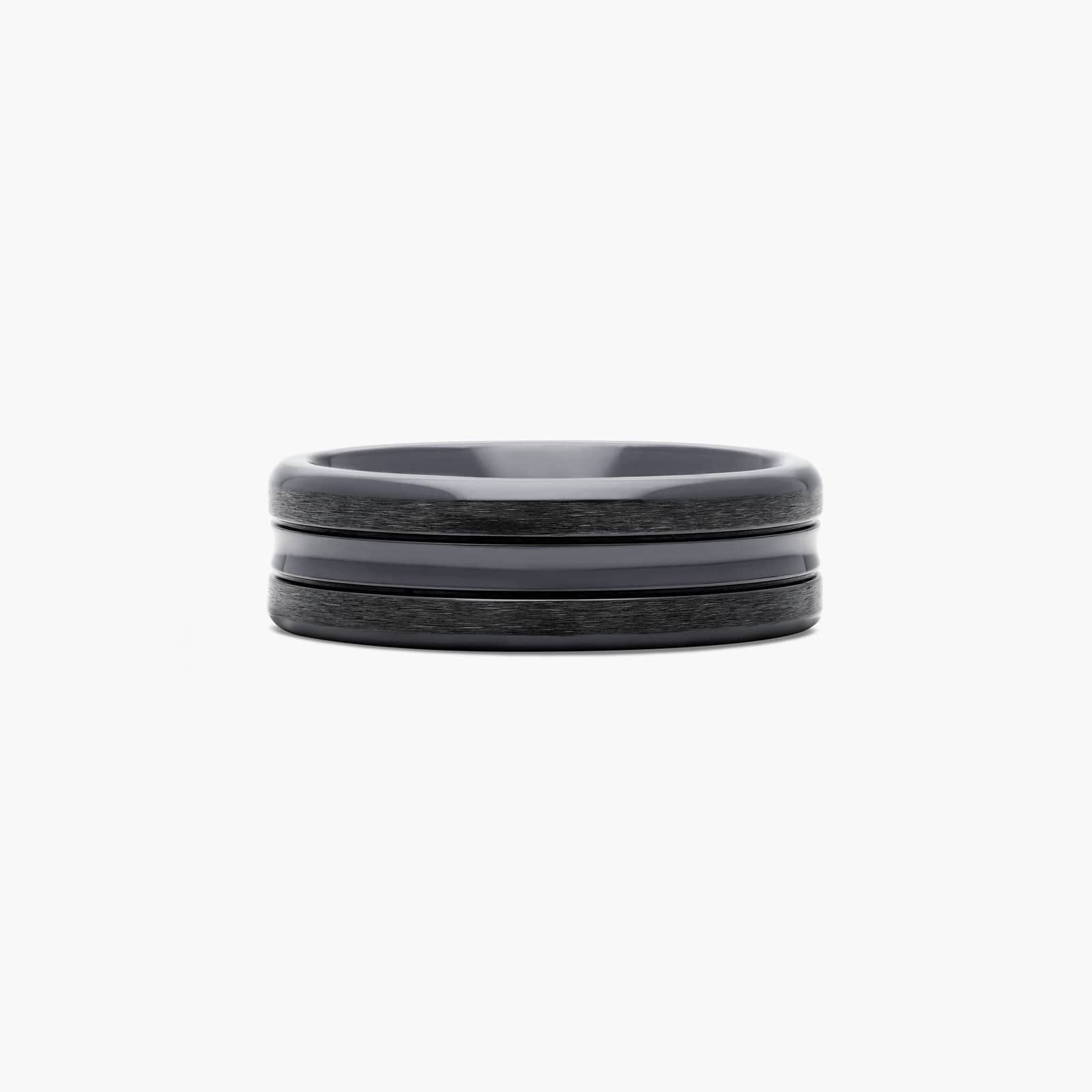 Comfort Fit Cut Carved Design High Polished Center Men's Wedding Band In Black Titanium (7.50mm)