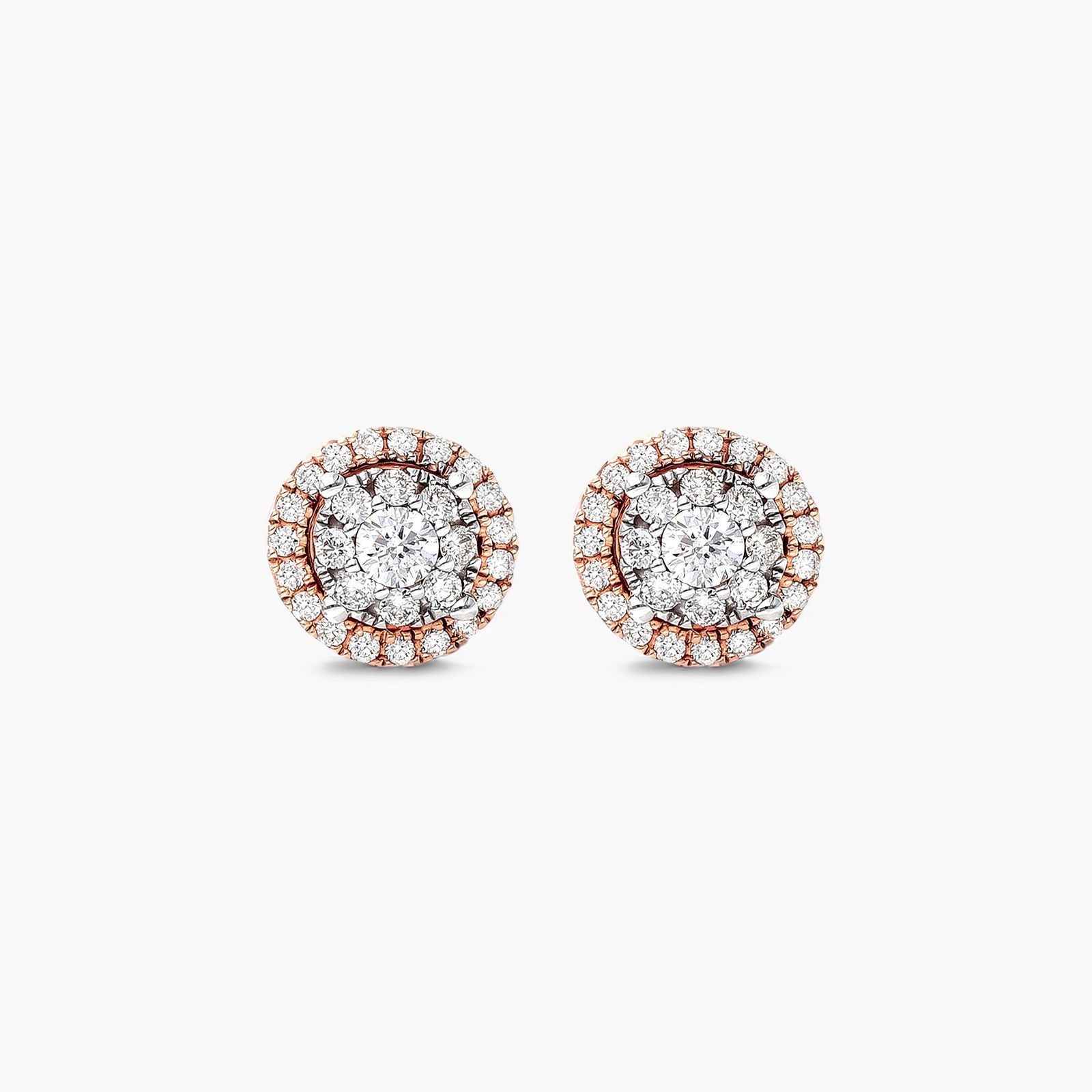 Round Halo Cluster Diamond Stud Earrings In 14K Rose Gold