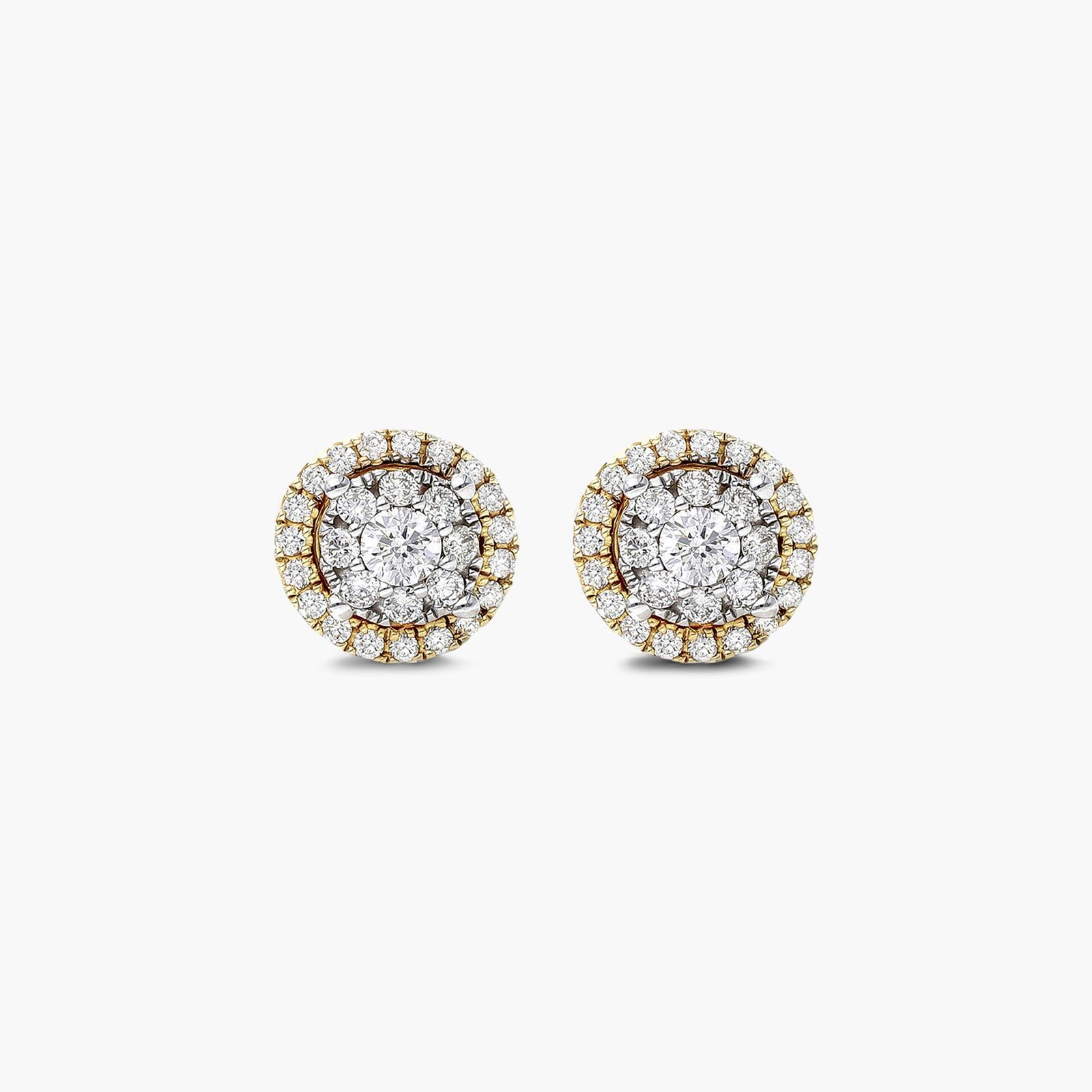 Round Halo Cluster Diamond Stud Earrings 14K Yellow Gold