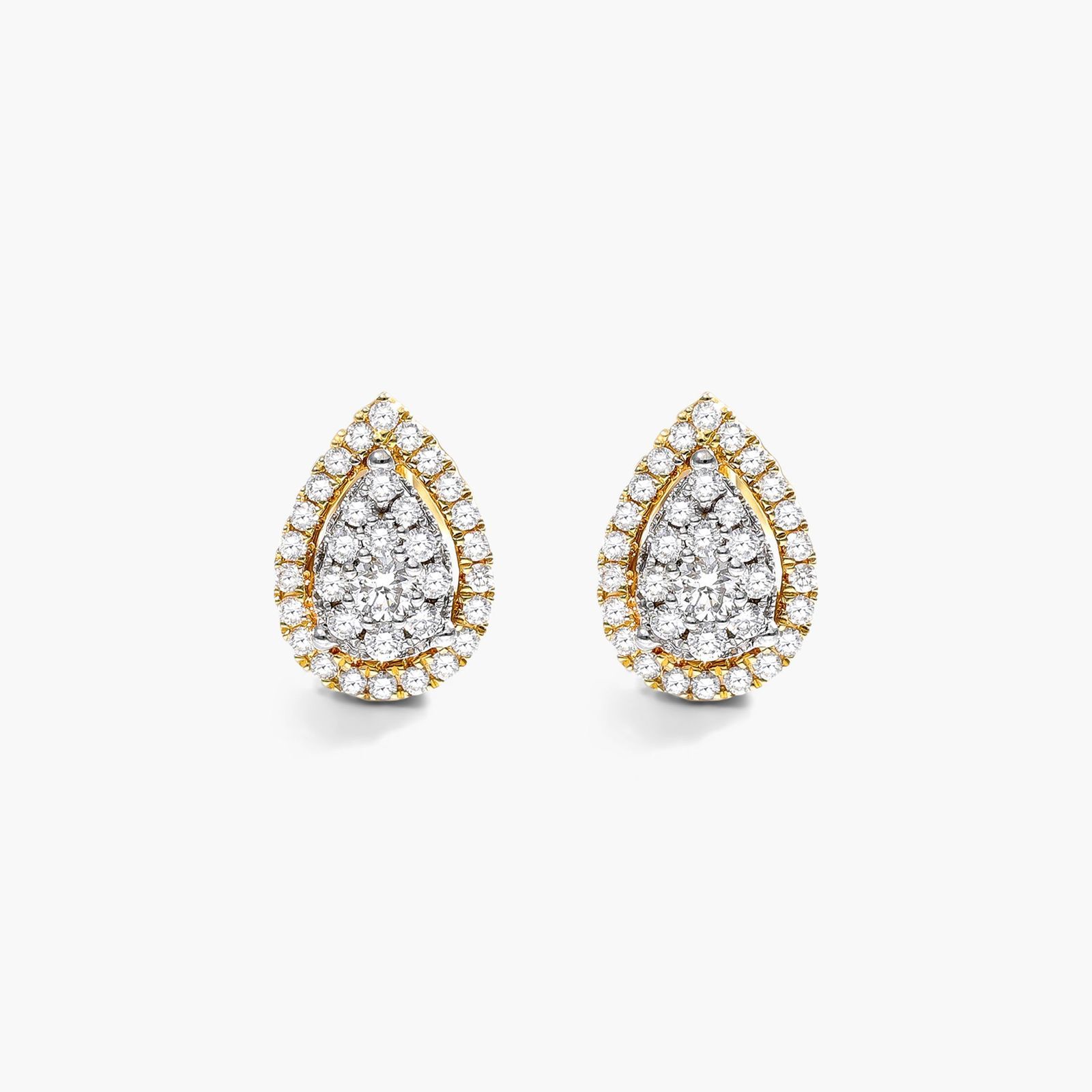 Pear Halo Cluster Diamond Stud Earrings In 14K Yellow Gold