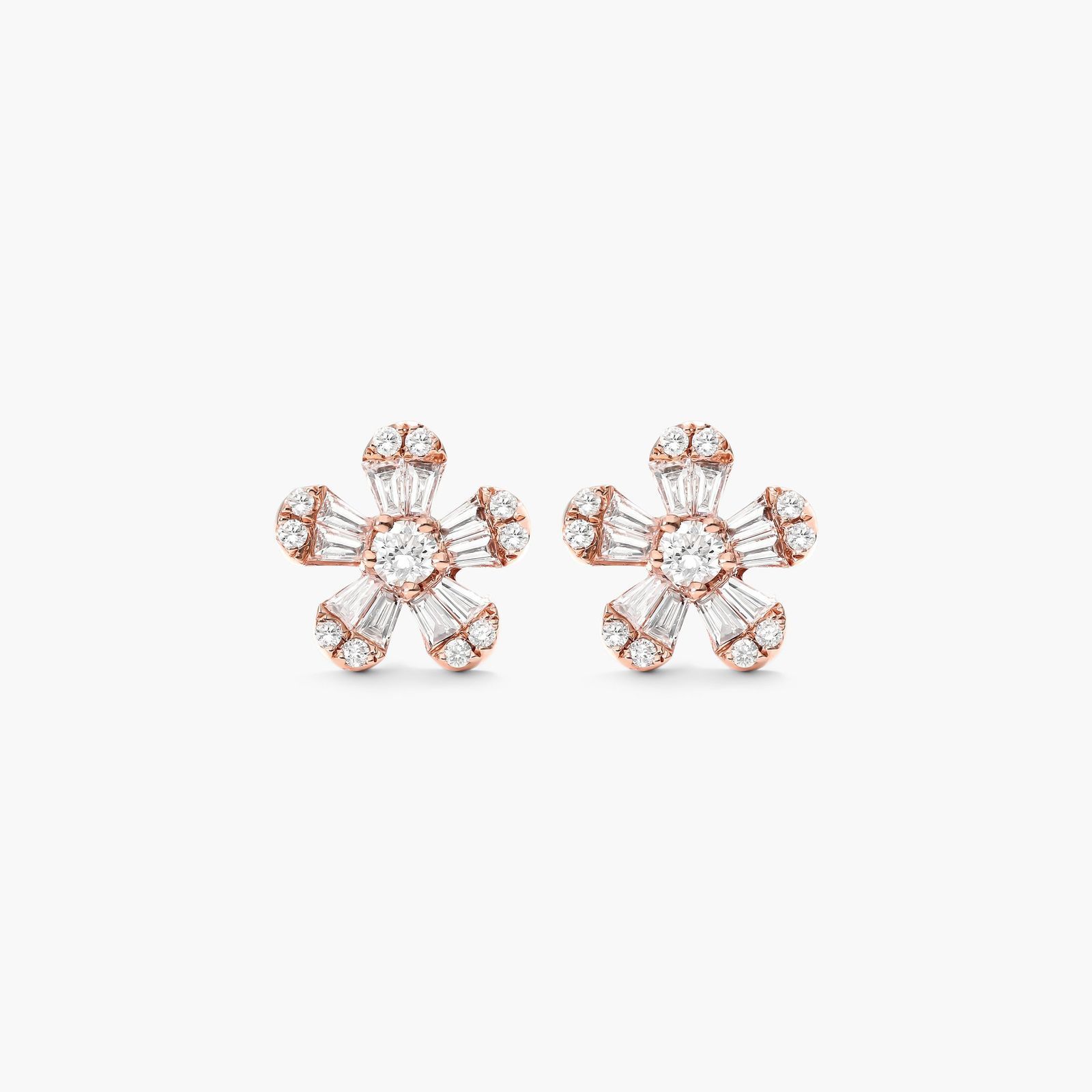Flower Diamond Earrings With Baguette Cut And Round Diamonds In 14K Rose Gold